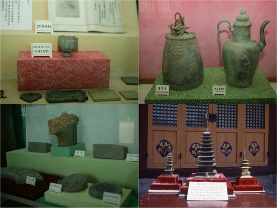 개성 고려박물관에 전시돼 있는 고려시기 유물들. 고려 태조 왕건릉에서 나온 청자, 왕건릉에서 나온 청동주전자, 만월대에서 나온 기와조각 등, 불일사5층탑에서 나온 금동탑. (미디어한국학 제공) 2021.02.13.© 뉴스1