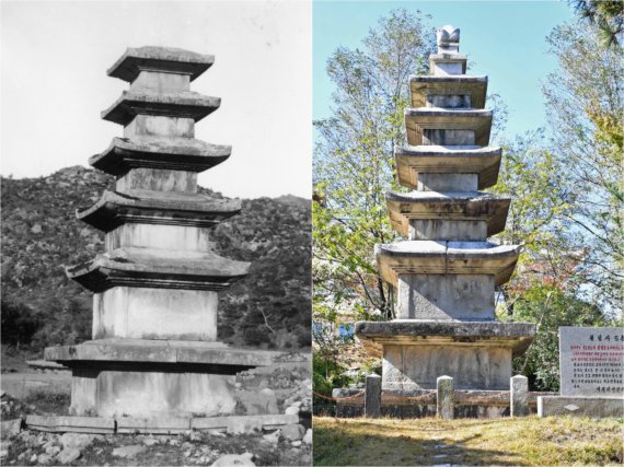 일제강점기(왼쪽)와 최근(오른쪽)에 촬영된 불일사5층탑 전경. 불일사탑에서는 금동탑을 비롯해 20여 개의 불교 유적이 나와 주목을 받았다. (미디어한국학 제공) 2021.02.13.© 뉴스1