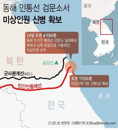 지난 16일 오전 동해 민간인 통제선 검문소에서 북에서 남쪽 방향으로 이동하던 미상인원을 포착 후 작전병력을 투입해 수색 중 신병 1명을 확보했다. 검거된 사람은 북한에서 넘어온 남성인 것으로 나타났다. 사진=뉴시스