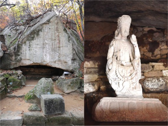 개성 관음사의 관음굴과 굴 안에 보존돼 있는 관음보살상. (미디어한국학 제공) 2021.02.20.© 뉴스1