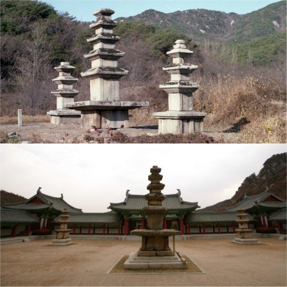 개성 영통사 오층석탑과 3층석탑 전경. 위는 영통사터에 세워져 있을 때의 모습이고, 아래는 영통사 복원 후 경내로 옮겨진 후의 모습이다. (미디어한국학 제공) 2021.02.20.© 뉴스1