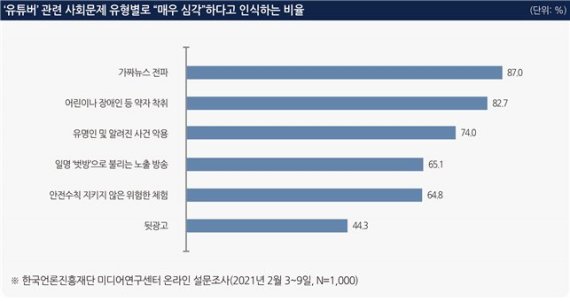 유튜버 관련 사회문제 유형별로 ‘매우 심각’하다고 인식하는 비율 /사진=한국언론진흥재단