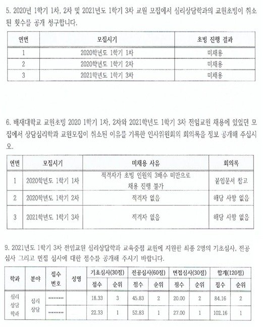 배재대 정보공개 청구 회신 © 뉴스1