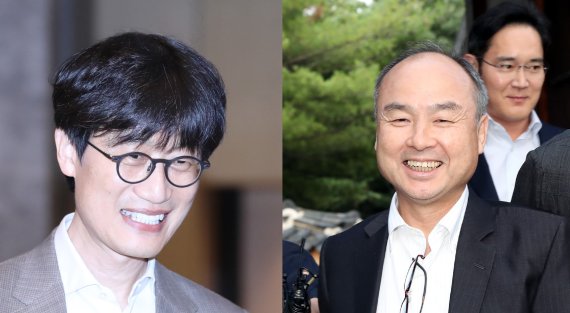 【서울=뉴시스】이해진(왼쪽) 네이버 글로벌투자책임자(GIO)와 손정의(오른쪽) 일본 소프트뱅크 회장 /사진=뉴시스