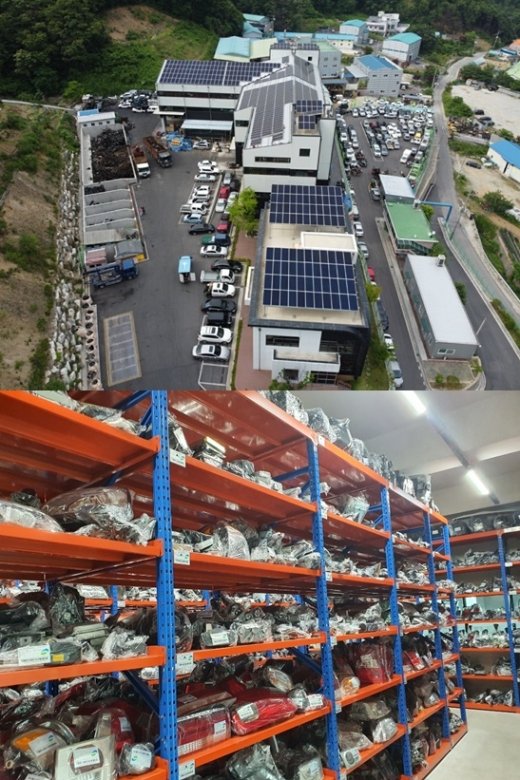 동강그린모터스 전경(위), 깨끗하게 탈거 및 세척돼 판매 대기중인 중고부품들(아래). (사진=동강그린모터스) © 뉴스1