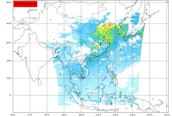 천리안위성 2B호가 지난 2월 19일 관측한 아시아 대기중 이산화질소 농도다. 서울, 베이징, 도쿄, 홍콩, 방콕, 타이페이 등 동아시아 주요 도시에서 이산화질소가 높게 관측됐다. 과기정통부 제공