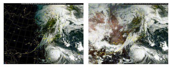 기상청은 밤에도 선명한 천리안위성 2A호 천연색 영상을 23일부터 국가기상위성센터 누리집에서 제공한다(왼쪽 사진). 오른쪽 사진은 이전에 제공했던 가시채널 위성 영상.