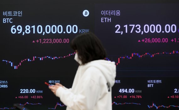 [서울=뉴시스]고승민 기자 = 비트코인이 연일 상승하며 7천만원대까지 돌파한 뒤 6천9백만원대에서 등락을 이어가고 있는 15일 서울 업비트 라운지에서 직원이 가상화폐 시세를 살피고 있다. 2021.03.15. kkssmm99@newsis.com