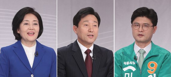 박영선 더불어민주당 서울시장 후보(왼쪽부터), 오세훈 국민의힘 서울시장 후보, 이수봉 민생당 서울시장 후보가 30일 오후 서울 여의도 KBS에서 열린 서울시장 보궐선거 후보자 초청 토론회에서 인사말을 하고 있다.