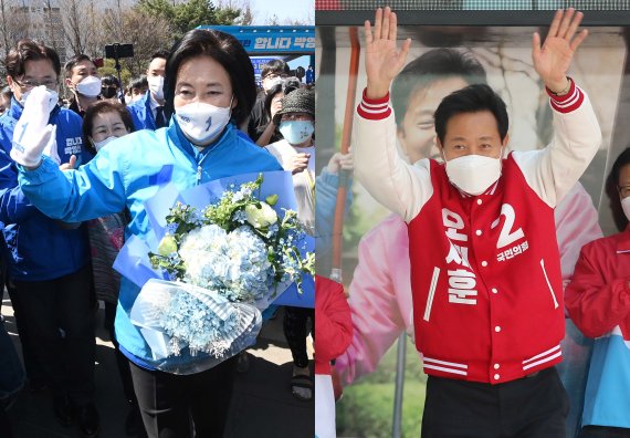 박영선 더불어민주당 서울시장 후보(왼쪽)과 오세훈 국민의힘 서울시장 후보. 뉴스1