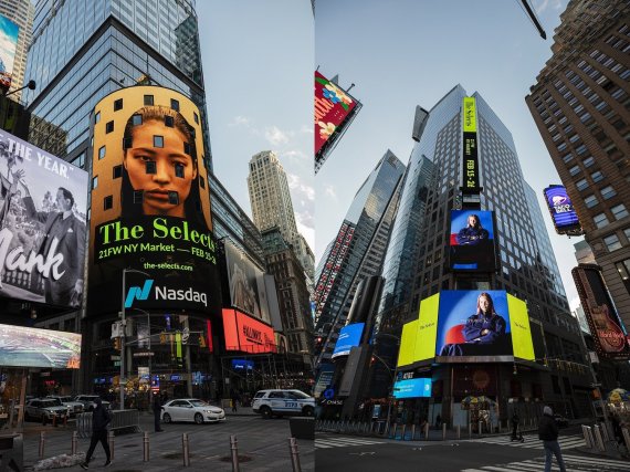 ‘더 셀렉츠(The Selects)’ 입점 브랜드 홍보를 위해 지난 2월 뉴욕패션위크 기간 중 입점 브랜드들의 컬렉션을 공개하는 광고를 뉴욕 타임스퀘어 전광판을 통해 선보였다. /