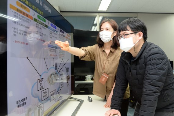 ETRI 권은정(왼쪽) 책임연구원과 박현호 선임연구원이 지능형 119 신고 접수시스템 체계를 논의하고 있다. ETRI 제공