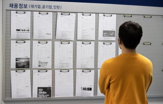 서울의 한 대학교 취업 정보 게시판에서 학생이 채용 공고문을 확인하고 있다.뉴스1