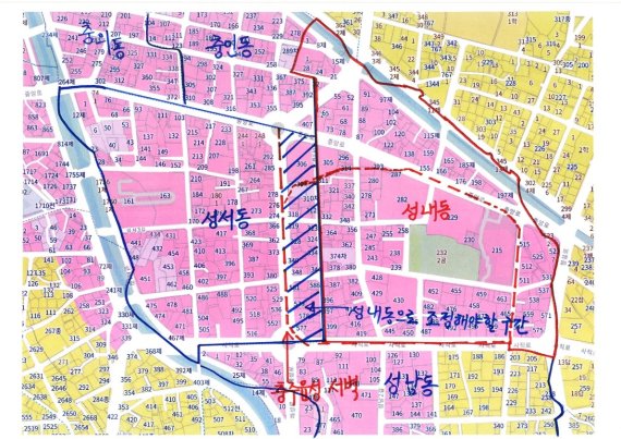 12일 충북 충주예성문화연구회가 충주시에 성내동과 성서동 경계가 잘못 설정됐다며 행정구역 조정을 건의했다. 사진은 연구를 통해 밝혀진 옛 충주읍성 구역도.(예성문화연구회 제공)2021.4.12/© 뉴스1