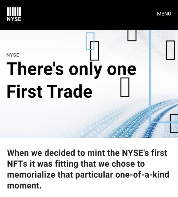 뉴욕증권거래소가 최근 자사 거래 플랫폼에 상장한 6개 신규 기업의 첫 거래를 기념하기 위해 디지털 자산 NFT를 발행한다고 13일 밝혔다./ 사진=NYSE 홈페이지