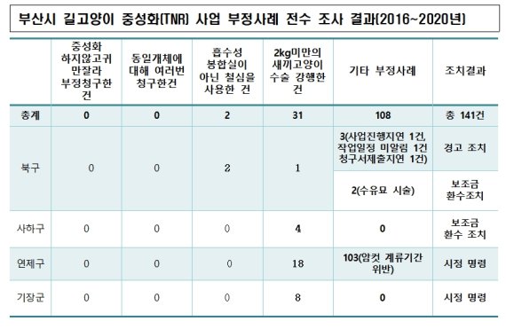 ▲ 최근 부산시가 조사한 2016년부터 2020년까지 부산시 길고양이 중성화(TNR) 사업 부정사례 조사 결과. 자료=부산시 제공