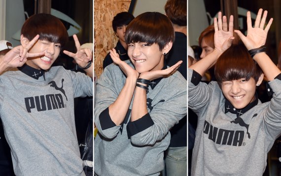 '애교에 녹네 녹아' 방탄소년단 뷔가 19일 오후 서울 압구정 카시나 플래그쉽 스토어에서 열린 스포츠 브랜드 ‘푸마 X 카시나 디스크 럭스’ 런칭 행사에서 깜찍한 포즈를 취하고 있다. 2012.9.14 © News1 권현진 기자