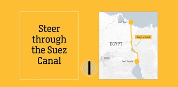 CNN이 제작한 '수에즈운하 통과하기(Steer through the Suez Canal)' 시뮬레이터의 섬네일 화면. 홈페이지 캡처.