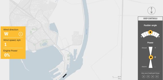 CNN이 제작한 '수에즈운하 통과하기(Steer through the Suez Canal)' 시뮬레이터 PC버전의 화면. 오른쪽 방향타 각도와 엔진 출력으로 화면 아래쪽의 검은 선박을 조종할 수 있다. 홈페이지 캡처.