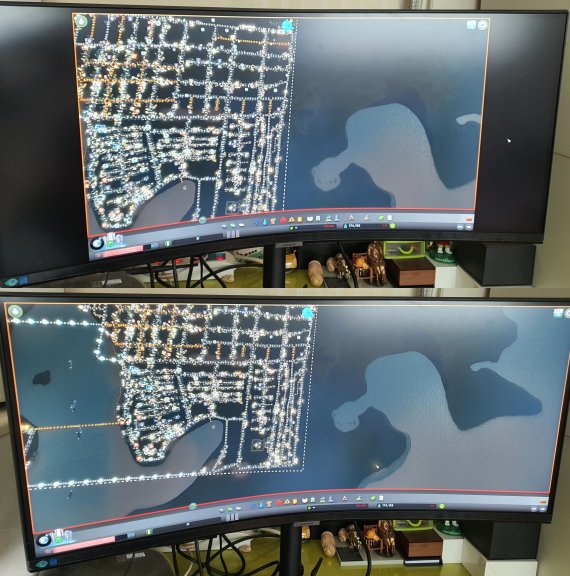 삼성전자의 2021년형 고해상도 모니터 'S65UA'로 '시티즈 스카이라인'을 플레이했을 때, 16:9(사진 위)와 21:9(사진 아래)의 맵 차이가 선명히 드러난다. © News1 정상훈 기자