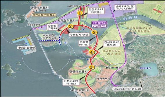 새만금 지역 간 연결도로(붉은 선) 위치도. /사진=전북도