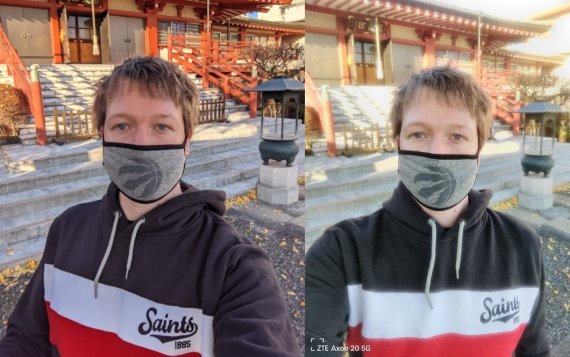 구글 스마트폰 픽셀5로 촬영한 사진(왼쪽)과 중국 ZTE의 엑손 20 5G로 촬영한 사진(오른쪽).. 엑손 20 5G로 촬영한 사진이 빛 번짐 현상으로 피사체가 더 흐리다. <출처=더 버지 갈무리> © 뉴스1