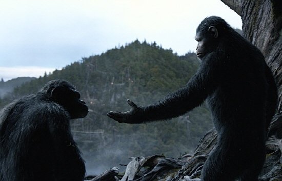 ▲ 혹성탈출: 반격의 서막 코바(토비 켑벨 분)에게 손을 내미는 시저(앤디 서키스 분) ⓒ 이십세기폭스코리아(주)