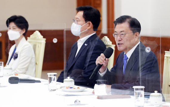 문재인 대통령이 14일 오전 청와대에서 열린 더불어민주당 지도부 초청 간담회에서 발언하고 있다. 사진=뉴시스화상