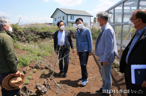 한림읍 비양리를 방문한 안동우 제주시장(가운데). [제주시 제공]