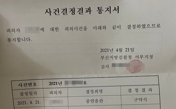 30대 가해 남성에 대한 사건결정결과 통지서