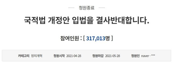 '국적법 개정안 입법을 결사반대합니다'라는 제목으로 지난 4월 게시된 청원글은 총 31만7013명이 동의해 청와대 답변 요건을 충족했다. 청와대 국민청원 사이트 캡처