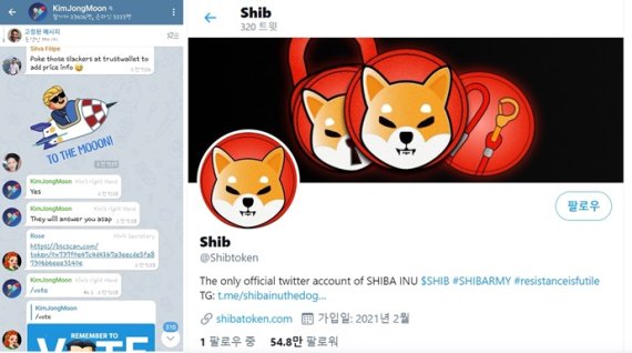 [서울=뉴시스] '김종문 코인' 관련 텔레그램 채널(왼쪽), '시바이누 코인'의 트위터(오른쪽)