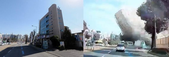 지난 9일 오후 4시 22분쯤 광주 동구 학동 학4구역 재개발 현장에서 발생한 건물 붕괴 사건 관련 철거 전 모습과 무너지며 시내버스를 덮치는 순간 모습. / 사진=뉴스1(다음 지도와 차량 블랙박스 동영상 캡처)