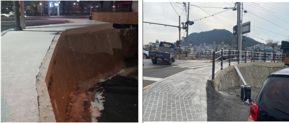 전북 정읍의 정동교 우회도로에 난간이 설치된 모습(오른쪽 사진). 시민이 안전신고를 하기 전까지는 도로 난간이 없어 사고 위험이 컸다(왼쪽). 행정안전부 제공