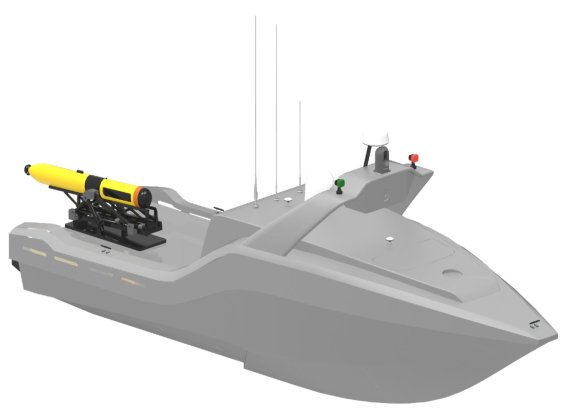 합성개구소나(SAS) 자율무인잠수정(AUV)이 탑재된 무인잠수정(USV).한화시스템 제공