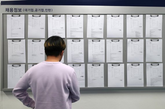 서울의 한 대학교 내 취업광장에서 한 학생이 채용정보 게시판을 보고 있다.뉴시스
