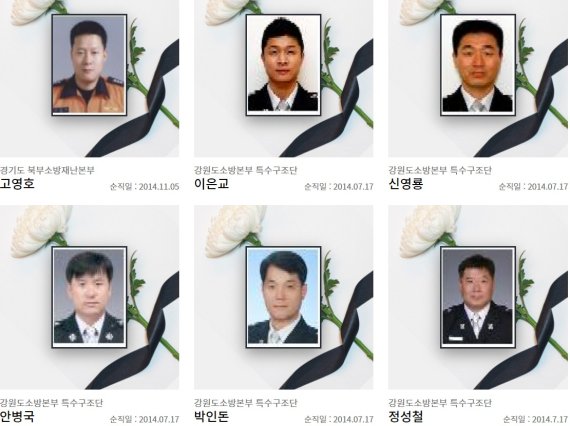 세월호 수색작업에 참여한 뒤 복귀하던 중 헬기 추락으로 순직한 고 이은교 소방사, 고 신영룡 소방교, 고 안병국 소방장, 고 박인돈 소방위, 고 정성철 소방위의 사진 역시 사진이 깨어져 얼굴을 식별하기 어렵다. © 뉴스1