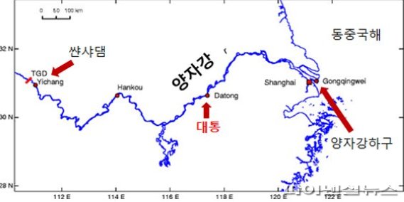 양쯔강 유출량 모니터링 위치도(중국 대통댐). [제주도 해양수산연구원 제공]