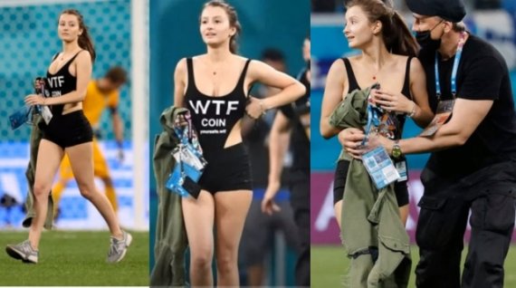 유로2020 경기장 난입한 수영복 여성, 가슴에 적힌 글자가..
