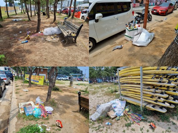 지난 27일 강원 양양의 한 서핑 해변 곳곳이 피서객들이 무단 투기한 쓰레기로 가득하다. © 뉴스1 윤왕근 기자