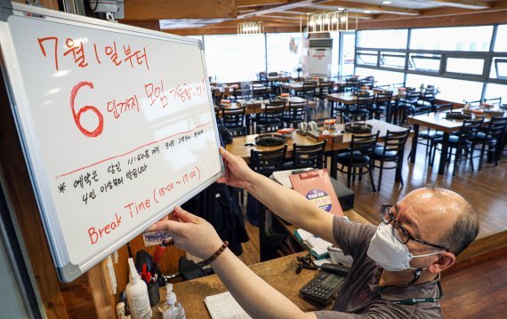 새로운 사회적 거리두기 시행을 하루 앞둔 30일 오후 서울 시내 한 식당에서 점주가 '7월 1일부터 6인 모임 가능' 안내판을 거치하고 있다. 그러나 수도권은 1주 유예키로 결정했다. 뉴시스