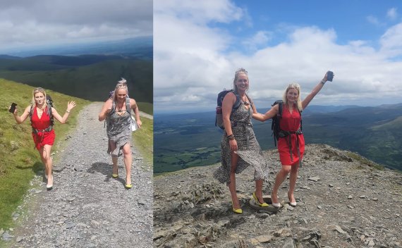 영국의 두 여성이 드레스를 입고 하이힐을 신은 채 약 800m 높이의 산을 완등했다. (케네디 뉴스 갈무리) © 뉴스1