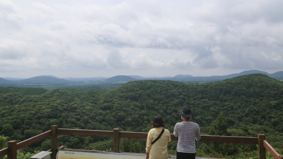 거문오름 분화구 바로 위에 설치된 전망대에 서면 분화구 능선 너머로 올망졸망한 작은 오름들이 보인다. 사진=조용철 기자