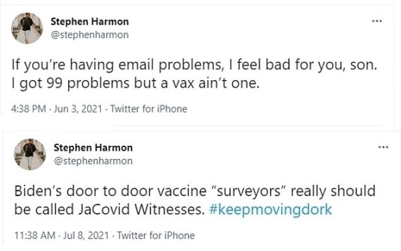 하먼은 죽는 순간까지도 자신의 트위터에 백신 접종을 거부하며 정부의 노력을 비난하는 글을 올렸다. (스티븐 하먼 트위터 갈무리) © 뉴스1