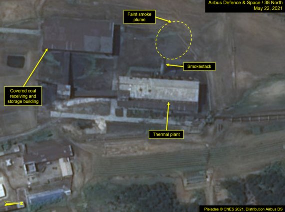 북한 평안북도 영변 핵시설 내 석탄화력발전소 위성사진. 38노스 캡쳐