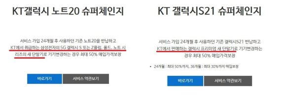 KT와 보험 계약을 맺고 슈퍼체인지 상품을 제공하고 있는 위니아에이드의 서비스 약관을 살펴보면 KT에서도 최신 스마트폰의 슈퍼체인지 상품들은 폴더블폰까지 보상판매 대상이 된 것을 확인할 수 있다. © 뉴스1