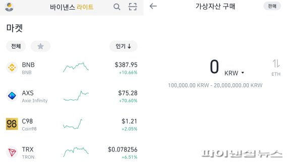 모바일 앱으로 접근할 경우 기존에 제공되던 서비스가 그대로 진행되고 있다. 바이낸스 앱을 실행시켜 거래소에 접근할 경우 한국어로 각종 메뉴들이 서비스되고 있는 모습을 볼 수 있다. 설정에 따라 원화를 기준으로하는 결제창이 보여지는 것도 그대로다. 바이낸스 앱 캡쳐/사진=fnDB