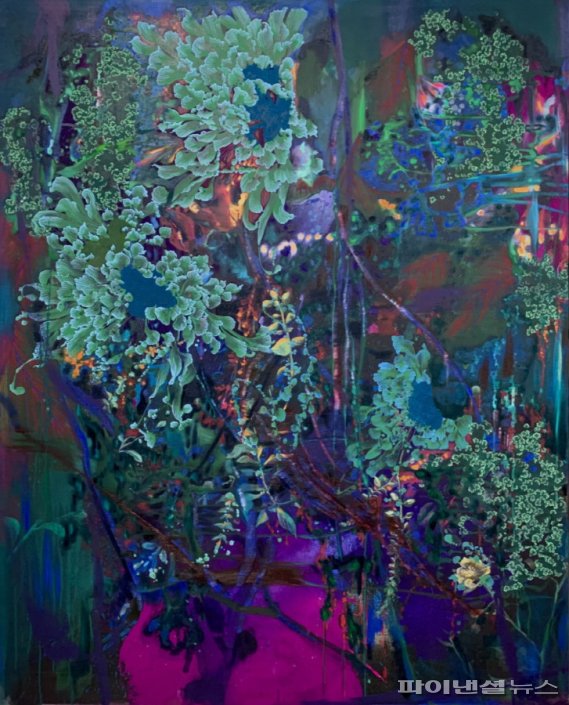 안진의, 꽃의시간, 130.3x162.2cm, 캔버스에 석채 혼합재료, 2021. 사진제공=고양문화재단