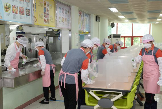 울산의 한 초등학교 급식실에서 조리사와 영양교사들이 식탁을 소독하고 있다. 뉴시스