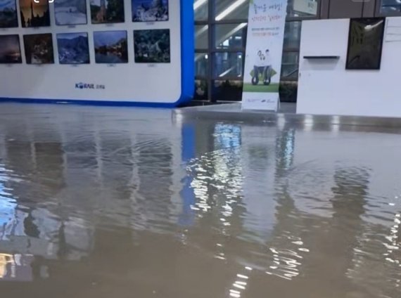18일 강원 강릉지역에 쏟아진 폭우로 강릉역 앞 도로가 침수돼 빗물이 대합실로 유입됐다.(독자제공) 2021.8.18/뉴스1